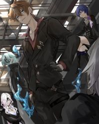 Rule 34 | 1girl, 3boys, alternate costume, black gloves, black jacket, black pants, breasts, commentary request, dottore (genshin impact), earrings, formal, from below, genshin impact, gloves, grey hair, hair between eyes, hand on own hip, highres, holding, holding weapon, jacket, jewelry, long hair, mask, mask over one eye, multiple boys, pants, parted lips, penyo1989, purple hair, red eyes, scaramouche (genshin impact), signora (genshin impact), single earring, sitting, standing, suit, tartaglia (genshin impact), weapon, white hair