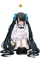 Rule 34 | 1girl, absurdres, ankle socks, bags under eyes, beer can, black bow, black bowtie, black footwear, black hair, blue hair, blue ribbon, bow, bowtie, brown eyes, can, closed mouth, collared shirt, drink can, drinking straw, earclip, earrings, emoji, frilled shirt, frilled sleeves, frills, full body, hair ribbon, highres, holding, holding can, hoop earrings, hugging own legs, jewelry, knees up, loafers, long hair, looking at viewer, multicolored hair, multiple earrings, original, parted bangs, pink lips, pleading face emoji, ribbon, shirt, shoes, sidelocks, simple background, sitting, sleeves past wrists, socks, solo, streaked hair, striped clothes, striped socks, stud earrings, suzukano pon, swept bangs, twintails, twintails day, vertical-striped clothes, vertical-striped socks, very long hair, white background, white shirt, white socks