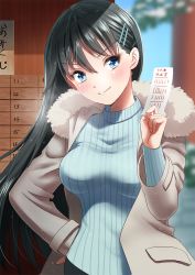 Rule 34 | 1girl, black hair, blue eyes, blush, coat, day, fur trim, hair ornament, hairclip, hand on own hip, head tilt, long hair, looking at viewer, mueririko, original, outdoors, ribbed sweater, solo, standing, sweater, v-shaped eyebrows, very long hair