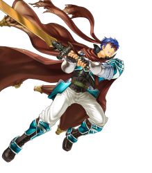 Rule 34 | 1boy, arm guards, armor, armored boots, blue eyes, blue hair, boots, cape, clenched teeth, fingerless gloves, fire emblem, fire emblem: path of radiance, fire emblem: radiant dawn, fire emblem heroes, full body, gloves, headband, highres, holding, holding sword, holding weapon, ike (fire emblem), kita senri, knee boots, looking away, male focus, nintendo, official art, pants, ragnell, short hair, shoulder armor, sword, teeth, transparent background, weapon