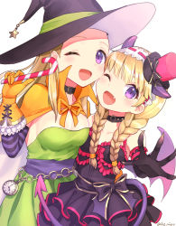 Rule 34 | 2girls, ;d, black choker, black dress, black gloves, blonde hair, blush, bow, braid, breasts, candy, candy cane, cape, choker, cleavage, clock, collarbone, demon horns, demon wings, dragon quest, dragon quest xi, dress, elbow gloves, fake horns, fang, food, gloves, green dress, hairband, halloween, halloween costume, hat, hat bow, horns, kz ripo, medium breasts, mini hat, mini top hat, multiple girls, one eye closed, open mouth, orange cape, orange gloves, orange ribbon, purple eyes, purple wings, ribbon, sash, senya (dq11), siblings, simple background, sisters, smile, star (symbol), straight hair, top hat, twin braids, twitter username, veronica (dq11), waist bow, white background, wings, witch hat