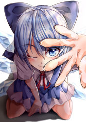 Rule 34 | 1girl, absurdres, between legs, blouse, blue bow, blue dress, blue eyes, blue hair, bow, cirno, collared shirt, commentary request, detached wings, dress, foreshortening, hair bow, hand between legs, highres, ice, ice wings, leaning forward, looking at viewer, mahoro (minase mahoro), neck ribbon, one eye closed, pinafore dress, red ribbon, ribbon, shirt, short hair, simple background, sleeveless, sleeveless dress, solo, touhou, white background, white shirt, wings