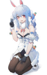 Rule 34 | 1girl, absurdres, animal ear fluff, animal ears, bad id, bad pixiv id, black leotard, blue hair, blush, bow, braid, brown pantyhose, carrot hair ornament, commentary, detached sleeves, domi (hongsung0819), dress, food-themed hair ornament, fur-trimmed dress, fur trim, hair between eyes, hair bow, hair ornament, highres, hololive, leotard, long hair, looking at viewer, multicolored hair, open mouth, pantyhose, puffy short sleeves, puffy sleeves, rabbit-shaped pupils, rabbit ears, red eyes, shoes, short eyebrows, short sleeves, simple background, smile, solo, symbol-shaped pupils, teeth, thick eyebrows, thigh strap, twin braids, twintails, two-tone hair, upper teeth only, usada pekora, usada pekora (1st costume), virtual youtuber, white background, white bow, white dress, white footwear, white hair