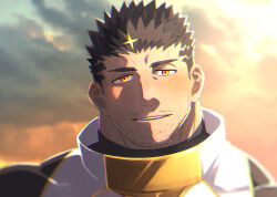 Rule 34 | 1boy, asahi (zabaniyan), beard, black hair, blush, close-up, cloud, cloudy sky, facial hair, highres, looking at viewer, male focus, manly, mature male, muscular, muscular male, open mouth, portrait, short hair, sky, smile, solo, sparkle, spiked hair, sunset, thick eyebrows, tokyo houkago summoners, yellow eyes, zabaniyya (housamo)