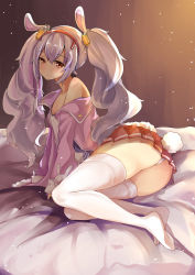 Rule 34 | 1girl, absurdres, animal ears, arm support, azur lane, brown eyes, brown skirt, closed mouth, dango (dangowalolicon), grey hair, hair between eyes, hair ornament, hairband, half-closed eyes, highres, jacket, laffey (azur lane), long hair, looking at viewer, lying, on side, open clothes, open jacket, panties, pantyshot, pleated skirt, rabbit ears, rabbit tail, sidelocks, skirt, solo, strap slip, tail, thighhighs, thighs, twintails, underwear, wavy hair, white panties, white thighhighs