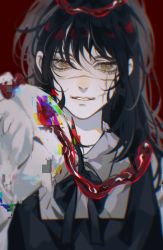 Rule 34 | 1girl, bird, black hair, bow, bowtie, brown eyes, bucky (chainsaw man), censored, chainsaw man, chicken, chinese commentary, collared shirt, commentary request, facial scar, glitch, glitch censor, grey shirt, headless, highres, intestines, long hair, looking at viewer, naigainigo, neck ribbon, parted lips, portrait, red background, red bow, red bowtie, ribbon, ringed eyes, scar, scar on cheek, scar on face, shirt, simple background, smile, solo, straight-on, yoru (chainsaw man)