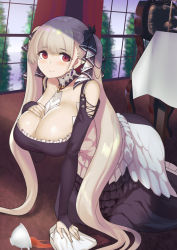 Rule 34 | 1girl, azur lane, blush, breast suppress, breasts, bridal gauntlets, brown hair, chair, closed mouth, cloth, commentary request, cup, curtains, detached collar, dress, earrings, formidable (azur lane), hair ribbon, indoors, jewelry, large breasts, long hair, looking at viewer, muunyan (yumenekoya), red eyes, ribbon, smile, solo, spill, teacup, twintails, very long hair, window