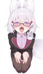 animal_ears bitseon blazer breasts glasses highres jacket medium_breasts medium_hair open_mouth pencil_skirt phase_connect pink_eyes shirt sitting skirt tail tenma_maemi virtual_youtuber white_hair