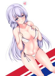 Rule 34 | 1girl, azur lane, bad id, bad pixiv id, bikini, blush, braid, breasts, cleavage, collarbone, commentary request, french braid, heart, highres, large breasts, leaning forward, long hair, looking at viewer, navel, purple eyes, purple hair, rodney (azur lane), side-tie bikini bottom, simple background, smile, solo, spoken heart, swimsuit, white background, white bikini, z5987