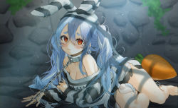 Rule 34 | 1girl, animal ears, bare shoulders, barefoot, blue hair, blush, breasts, chain, chained, choker, cleavage, closed mouth, frown, gotou (nekocat), hair between eyes, hololive, indoors, long hair, medium breasts, messy hair, multicolored hair, orange eyes, prison, prison clothes, prisoner, rabbit ears, sidelocks, solo, streaked hair, striped, stuffed carrot, sweatdrop, symbol-shaped pupils, thick eyebrows, thighs, usada pekora, usada pekora (prisoner), virtual youtuber, white hair