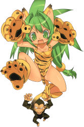 Rule 34 | 1girl, animal ears, animal hands, animal print, blade (galaxist), cat ears, cat tail, cham cham, claws, gloves, green eyes, green hair, highres, long hair, monkey, no panties, open mouth, paku paku, paw gloves, paw shoes, queen&#039;s blade, queen&#039;s gate, samurai spirits, shoes, simple background, snk, tail, tiger print, white background