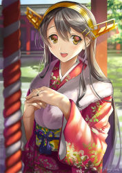 Rule 34 | 10s, 1girl, black hair, brown eyes, fur trim, hair ornament, hairband, hairclip, haruna (kancolle), headgear, highres, japanese clothes, jewelry, kantai collection, long hair, looking at viewer, new year, open mouth, ring, rope, sage joh, shinto, smile, solo, wedding band