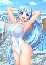 Rule 34 | 1girl, armpits, arms behind head, blue eyes, blue hair, blue sky, breasts, building, cloud, collarbone, competition swimsuit, covered navel, cowboy shot, day, highleg, highleg swimsuit, highres, kuri (kurigohan), large breasts, light blue hair, long hair, one-piece swimsuit, open mouth, original, outdoors, ponytail, pool, poolside, presenting armpit, round teeth, sky, solo, swimsuit, teeth, two-tone swimsuit, upper teeth only, white one-piece swimsuit