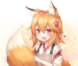 Rule 34 | animal ear fluff, animal ears, apron, brown apron, brown eyes, brown hair, fang, fox ears, fox girl, fox tail, hair ornament, highres, holding, holding with tail, japanese clothes, mannack, miko, open mouth, prehensile tail, senko (sewayaki kitsune no senko-san), sewayaki kitsune no senko-san, shirt, short hair, smile, solo, tail, upper body, white shirt