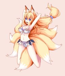 Rule 34 | 1girl, animal ear fluff, animal ears, arms up, blonde hair, blue eyes, breasts, cleavage, fox ears, fox girl, fox tail, full body, kitsune, kyuubi, long hair, medium breasts, multiple tails, navel, open mouth, original, pink background, pixel art, simple background, solo, swimsuit, tail, white swimsuit, yuuki (silent moon)