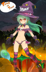 Rule 34 | 1girl, absurdres, blush, crescent, crescent earrings, detached collar, earrings, flat chest, gloves, green hair, groin, halloween, hat, highres, hole, jack-o&#039;-lantern, jewelry, long hair, mou tama maru, naughty face, night, orange eyes, pointy ears, pumpkin, solo focus, striped clothes, striped legwear, striped thighhighs, teeth, tentacles, thighhighs, trick or treat, witch hat