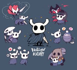 Rule 34 | ..., 1other, 3boys, 3girls, absurdres, blue cape, cape, cloth (hollow knight), copyright name, glint, grimm (hollow knight), highres, holding, holding pickaxe, hollow eyes, hollow knight, hornet (hollow knight), horns, knight (hollow knight), looking at viewer, mask, mask on head, multiple boys, multiple girls, multiple others, musical note, myla (hollow knight), nail (hollow knight), needle (hollow knight), pickaxe, quirrel, rariatto (ganguri), red cape, sitting, smile, spoken ellipsis, spoken expression, spoken musical note, spoken squiggle, squiggle, zote