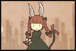 Rule 34 | 1girl, akihiyo, animal ears, blush stickers, bow, braid, rabbit ears, cat ears, cat girl, cat tail, dress, extra ears, female focus, flat color, hair bow, kaenbyou rin, looking at viewer, multiple tails, red hair, solo, tail, touhou