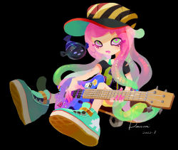 Rule 34 | 1girl, 2022, aqua footwear, artist name, baseball cap, black background, black shirt, clownfish, colored skin, daami (daami2000), eyelashes, fish, full body, gradient hair, gradient skin, green eyes, green hair, guitar, harmony&#039;s clownfish (splatoon), harmony (splatoon), hat, highres, holding, holding instrument, instrument, long hair, multicolored hair, multicolored skin, nintendo, no nose, open mouth, pink hair, pink pupils, pink skin, shirt, simple background, sitting, skateboard, splatoon (series), striped clothes, striped headwear, tentacle hair, tropical fish, two-tone hair, two-tone skin