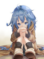 Rule 34 | 1girl, ahoge, black bow, blue eyes, blue hair, bow, braid, brown cape, cape, crossed bangs, full body, hair bow, hand on knees, iwami shouko, knees to chest, long braid, long hair, long sleeves, looking at viewer, mushoku tensei, roxy migurdia, shoes, simple background, sitting, skirt, solo, twin braids, white background