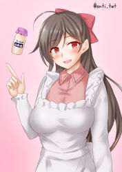 Rule 34 | 1girl, anti (untea9), apron, blush, bottle, breasts, brown hair, collared shirt, gradient background, hair between eyes, hair ornament, hair ribbon, hairclip, highres, kantai collection, kappougi, large breasts, long hair, looking at viewer, mamiya (kancolle), milk, milk bottle, open mouth, pink background, pink shirt, ribbon, shirt, solo, twitter username, upper body