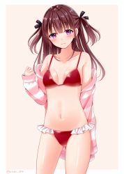 Rule 34 | 1girl, bikini, black bow, blush, bow, brown background, brown hair, closed mouth, commentary request, frilled bikini, frills, hair between eyes, hair bow, hand up, head tilt, jacket, long hair, long sleeves, looking at viewer, off shoulder, open clothes, open jacket, original, purple eyes, red bikini, sakura hiyori, sleeves past wrists, solo, standing, striped clothes, striped jacket, swimsuit, twitter username, two-tone background, two side up, white background