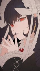 Rule 34 | 1girl, black hair, black nails, bonnet, celestia ludenberg, claw ring, commentary, danganronpa: trigger happy havoc, danganronpa (series), drill hair, earrings, frills, gothic lolita, heikokuru1224, highres, jacket, jewelry, lolita fashion, long hair, long sleeves, looking at viewer, nail polish, necktie, red eyes, red necktie, smile, solo, steepled fingers, twin drills, twintails, unfinished, upper body