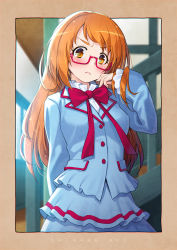 Rule 34 | 1girl, adjusting hair, aged up, aria gakuen school uniform, blazer, blue jacket, blue skirt, blush, border, bow, brown border, brown eyes, character name, close-up, commentary request, frown, glasses, highres, indoors, jacket, kazuma muramasa, long sleeves, orange hair, outside border, partial commentary, precure, red-framed eyewear, red bow, school, school uniform, semi-rimless eyewear, shirabe ako, skirt, solo, stairs, suite precure, tsundere, under-rim eyewear, upper body, v-shaped eyebrows