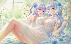 Rule 34 | 2girls, absurdres, alternate costume, azur lane, blue eyes, blue flower, blue rose, breasts, dress, flower, gloves, hair flower, hair ornament, hand on another&#039;s back, highres, illustrious (azur lane), jewelry, large breasts, bridal garter, long hair, looking at viewer, multiple girls, necklace, pafekui, partially fingerless gloves, purple eyes, purple hair, rose, see-through, silver hair, small breasts, thighs, tiara, unicorn (azur lane), very long hair, wedding dress