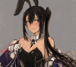 Rule 34 | 1girl, absurdly long hair, animal ears, between breasts, black hair, blush, breasts, cleavage, collar, collarbone, dress, gloves, hair between eyes, hair over shoulder, highres, kantai collection, leotard, long hair, looking to the side, medium breasts, messy hair, moor, nachi (kancolle), nachi kai ni (kancolle), necktie, necktie between breasts, one side up, playboy bunny, purple dress, rabbit ears, side ponytail, simple background, solo, twitter username, very long hair, white gloves