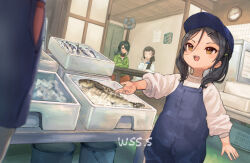 Rule 34 | 4girls, artist name, black hair, blue headwear, blue overalls, blush, brown eyes, bucket, clock, closed eyes, commentary request, electric fan, fish, food, green hair, hair ornament, hair over one eye, hairclip, hat, houshou (kancolle), inagi (kancolle), kantai collection, kumano maru (kancolle), long hair, long sleeves, multiple girls, open mouth, overalls, shirt, short hair, signature, smile, wall clock, white shirt, wss (nicoseiga19993411), yamashio maru (kancolle)