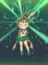Rule 34 | +1 (yakusoku0722), 1girl, back bow, bishoujo senshi sailor moon, bow, brooch, brown hair, chibi, closed eyes, commentary, cross-laced footwear, crossed arms, earrings, elbow gloves, electricity, electrokinesis, facing viewer, floating, flower earrings, gloves, green background, green footwear, green sailor collar, green skirt, green theme, heart, heart brooch, highres, jewelry, kino makoto, large bow, leaf, leotard, light rays, long hair, magical girl, miniskirt, parted lips, pink bow, pleated skirt, ponytail, sailor collar, sailor jupiter, shoes, skirt, solo, sparkle, tiara, white gloves, white leotard