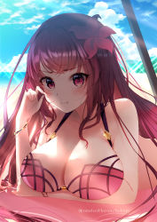 Rule 34 | 1girl, absurdres, beach, beach towel, bikini, blush, bracelet, breasts, cleavage, cloud, cloudy sky, fate/grand order, fate (series), flower, hair flower, hair intakes, hair ornament, hibiscus, highres, horizon, jewelry, large breasts, lying, mash kyrielight, mash kyrielight (swimsuit of perpetual summer), ocean, on stomach, pink bikini, pout, purple bikini, purple hair, red eyes, scathach (fate), scathach (fate), scathach (fate/grand order), scathach (swimsuit assassin) (fate), shade, sky, solo, swimsuit, timelessheaven, towel