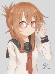 Rule 34 | 10s, 1girl, absurdres, artist name, bespectacled, blush, brown eyes, brown hair, folded ponytail, glasses, highres, inazuma (kancolle), kantai collection, looking at viewer, odeclea, school uniform, serafuku, simple background, smile, solo