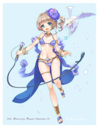 Rule 34 | 1girl, anklet, armlet, bikini, blue bikini, blue eyes, bracelet, breasts, brown hair, dot nose, dragon, flower, full body, hair flower, hair ornament, highres, jewelry, kawagoe pochi, looking at viewer, mini dragon, navel, open mouth, sandals, short hair, side ponytail, smile, solo, swimsuit, thighlet, whip