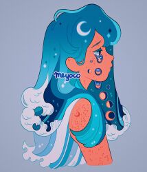 Rule 34 | 1girl, absurdres, artist name, blue hair, constellation, crescent moon, cropped torso, crying, crying with eyes open, full moon, gibbous moon, grey background, half moon, highres, liquid, liquid hair, long hair, meyoco, moon, moon phases, original, profile, simple background, solo, sparkle, star (sky), tears, upper body