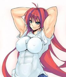 Rule 34 | 00s, 1girl, abs, aozaki aoko, biceps, blouse, blue eyes, breasts, female focus, flexing, impossible clothes, impossible shirt, large breasts, muscular, muscular female, red hair, shirt, solo, toned, tsukihime, white shirt