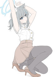 Rule 34 | 1girl, alternate costume, animal ear fluff, animal ears, bare arms, black pantyhose, blue archive, blue eyes, breasts, collared shirt, extra ears, full body, grey hair, halo, heel pop, high heels, highres, masabodo, medium breasts, medium hair, pantyhose, shiroko (blue archive), shirt, simple background, skirt, solo, white background, white shirt, wolf ears