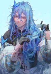 Rule 34 | 1boy, ahoge, antenna hair, blue eyes, blue hair, bow, bowtie, brooch, bug, butterfly, chenyao4444444, earrings, edmond (nu carnival), gloves, hair between eyes, highres, insect, jewelry, long hair, looking to the side, male focus, mouth hold, nu carnival, ribbon, ribbon in mouth, short gloves, upper body, very long hair