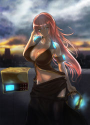 Rule 34 | 1girl, adjusting hair, armband, bare shoulders, black thighhighs, blue eyes, breasts, cityscape, cleavage, cloud, cloudy sky, collarbone, ekoda (piapro), female focus, headphones, headphones removed, holding, huge breasts, large breasts, long hair, long skirt, looking at viewer, megurine luka, midriff, navel, open clothes, outdoors, pink hair, side slit, skirt, sky, sleeveless, solo, standing, thighhighs, vocaloid