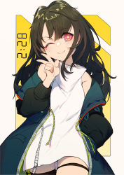 Rule 34 | 1girl, aged down, arm up, bare shoulders, black hair, blush, c-ms (girls&#039; frontline), closed mouth, collar, collared dress, dress, girls&#039; frontline, highres, jacket, long hair, long sleeves, looking at viewer, messy hair, mole, mole under eye, off shoulder, one eye closed, open clothes, pocket, red eyes, simple background, single thighhigh, smile, solo, thigh strap, thighhighs, upper body, v, white dress, yoni (zhang)