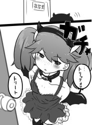 Rule 34 | bare shoulders, belt, blush, choker, comic, commentary request, demon horns, demon wings, door, dress, frilled dress, frills, greyscale, hairband, halloween, highres, horns, kantai collection, looking away, monochrome, namakura neo, ryuujou (kancolle), sleeveless, sleeveless dress, translation request, twintails, wings