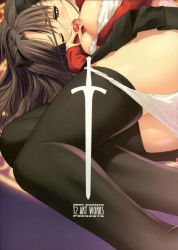Rule 34 | 00s, 1girl, black thighhighs, blush, breasts, brown hair, artistic error, fate/stay night, fate (series), green eyes, highres, large breasts, legs, long hair, long legs, nipples, panties, panty pull, solo, thighhighs, thighs, tohsaka rin, tony taka, underwear, wrong hand, zettai ryouiki
