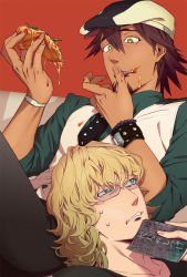 Rule 34 | 10s, 2boys, bad id, bad pixiv id, barnaby brooks jr., blonde hair, blue eyes, book, bracelet, brown eyes, brown hair, cabbie hat, facial hair, food, glasses, hat, jewelry, kaburagi t. kotetsu, licking, licking finger, male focus, multiple boys, necktie, pizza, shirt, short hair, simple background, stubble, t-shirt, tei03, tiger &amp; bunny, vest, waistcoat, watch, wavy mouth, wristwatch