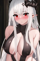 Rule 34 | 1girl, arknights, bare shoulders, black leotard, breasts, center opening, cleavage, covered collarbone, covered erect nipples, earrings, embarrassed, hair ornament, highres, horns, jewelry, large breasts, leotard, long hair, looking at viewer, mikuning, mudrock (arknights), navel, parted lips, pointy ears, red eyes, solo, upper body, very long hair, white hair