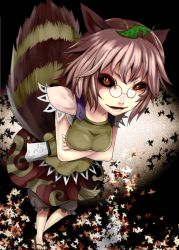 Rule 34 | 1girl, animal ears, bad id, bad pixiv id, black sclera, bloomers, breast hold, breasts, brown dress, brown eyes, brown hair, colored sclera, crazy eyes, creepy, crossed arms, dress, evil grin, evil smile, female focus, from above, futatsuiwa mamizou, glasses, grin, horror (theme), leaf, notepad, pince-nez, raccoon ears, raccoon tail, sandals, short hair, slit pupils, smile, solo, standing, tail, touhou, underwear, yakan 7, yukinojou yakan