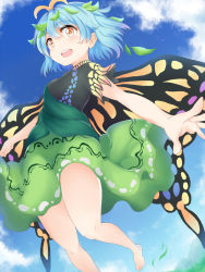 Rule 34 | 1girl, antennae, bare legs, barefoot, blue hair, blush, brown eyes, butterfly wings, cloud, dress, eternity larva, eyelashes, green dress, hair ornament, happy, insect wings, leaf, leaf hair ornament, leaf on head, light blue hair, multicolored clothes, multicolored dress, nagomian, open mouth, outdoors, short hair, short sleeves, single strap, touhou, wings, yellow eyes, yellow wings