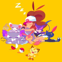 Rule 34 | 10s, 1girl, baseball cap, big hair, brown hair, cat, closed eyes, creatures (company), flat color, game freak, gen 1 pokemon, gen 2 pokemon, gen 3 pokemon, gen 4 pokemon, gen 5 pokemon, glameow, hat, high ponytail, hilda (pokemon), meowth, mintchoco (mmn2), nintendo, poke ball, pokemon, pokemon (creature), pokemon bw, purrloin, purugly, short shorts, shorts, skitty, sleeping, sneasel, tail, too many, too many cats, vest, yellow background, zzz