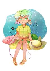 Rule 34 | 1girl, bow, bubble, eyebrows, female focus, flower, full body, green eyes, green hair, hair ornament, hairclip, hat, unworn hat, unworn headwear, heart, highres, komeiji koishi, matching hair/eyes, sacha, sandals, short hair, short twintails, sitting, skirt, smile, solo, symbol-shaped pupils, touhou, twintails, white background