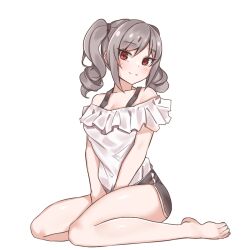 Rule 34 | 1girl, aa211108, barefoot, between legs, blush, breasts, closed mouth, collarbone, commentary request, drill hair, eyelashes, feet, frilled shirt, frills, full body, grey hair, gym shorts, hand between legs, idolmaster, idolmaster cinderella girls, kanzaki ranko, korean commentary, legs, looking at viewer, medium breasts, mixed-language commentary, off-shoulder shirt, off shoulder, red eyes, shiny skin, shirt, short shorts, short sleeves, shorts, sidelocks, sitting, solo, swept bangs, thighs, toenails, toes, transparent background, twin drills, wariza, white shirt